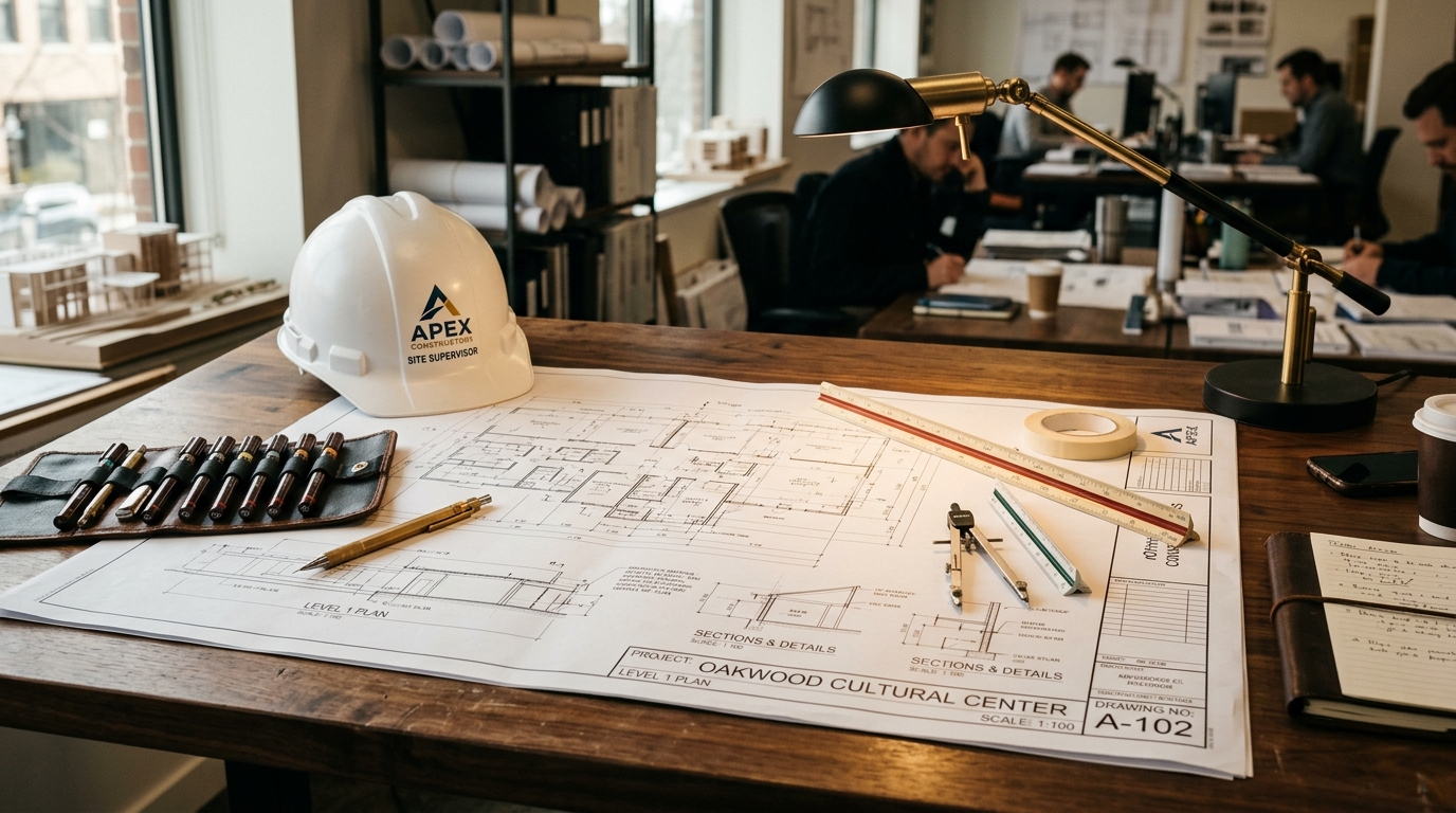 Projetos arquitetônicos, prancheta de engenharia e capacete de obra da Construtora Angeleti