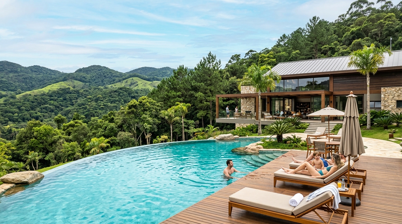 Clube social e piscina com vista para a mata nativa do Condomínio Vale dos Pássaros